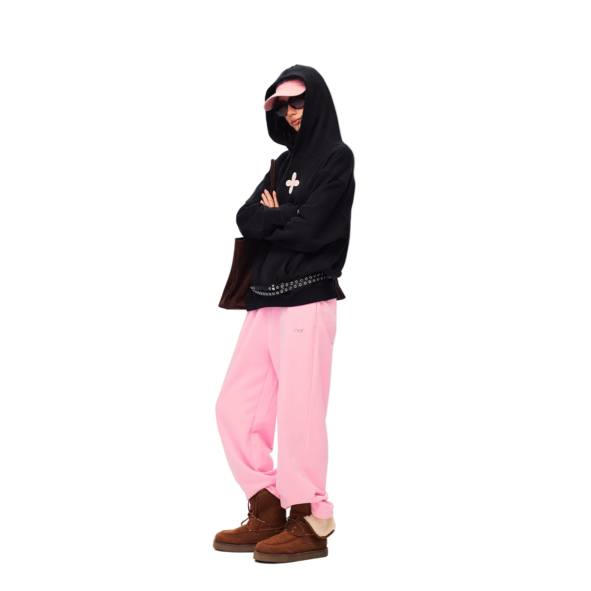 Black Chanel-style Cross Embroidered Hooded Sweatshirt