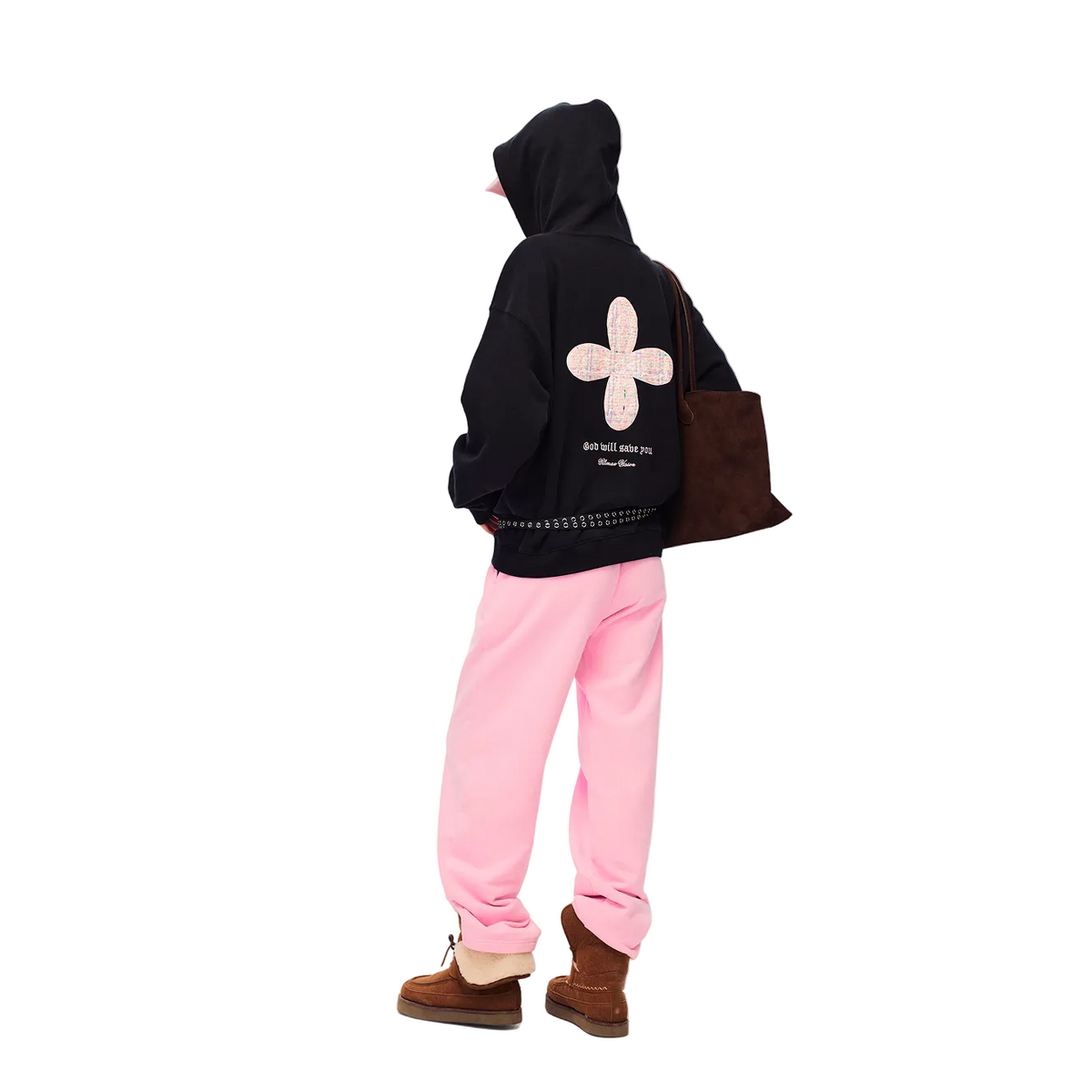 Black Chanel-style Cross Embroidered Hooded Sweatshirt