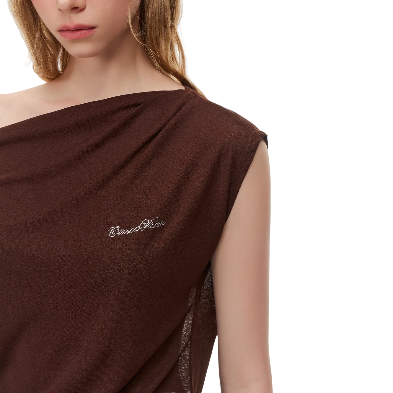 Brown Asymmetrical Duffle Collar Off-Shoulder Short-Sleeve T-Shirt