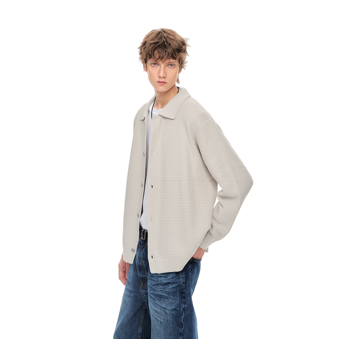 Beige Textured Relaxed Sweater Lapel Button Cardigan