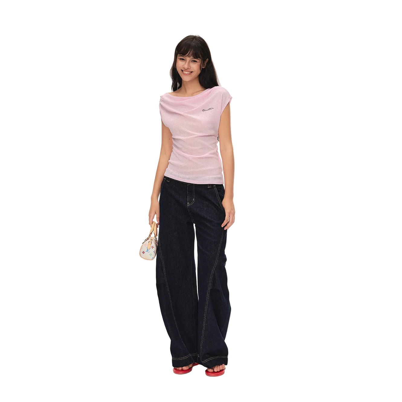 Pink Asymmetrical Duffle Collar Off-Shoulder Short-Sleeve T-Shirt