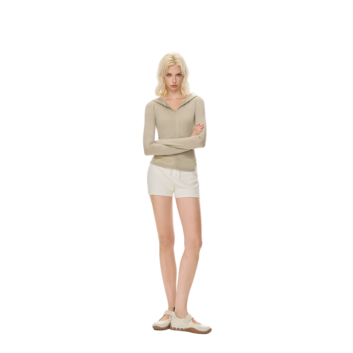 Gray-green Tencel Hooded Zip-up Slim-fit Long Sleeves