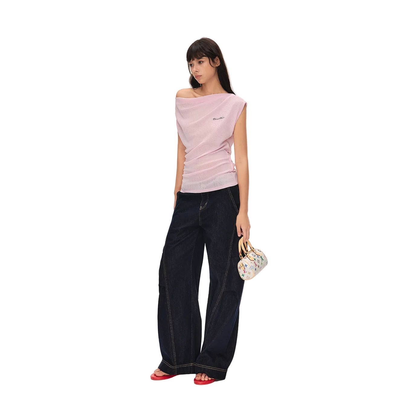 Pink Asymmetrical Duffle Collar Off-Shoulder Short-Sleeve T-Shirt