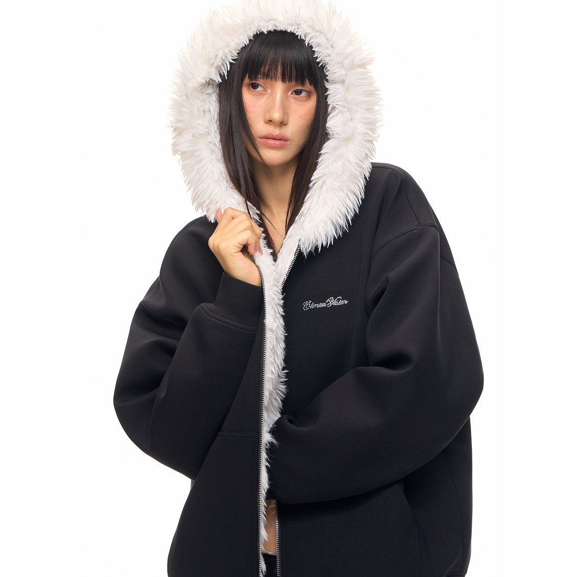 Black Warm Rhinestone Logo Faux Fur Collar Hooded Jacket