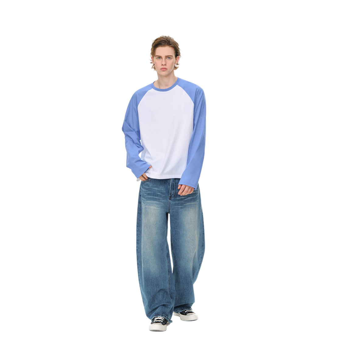 Blue and White Draped Loose Retro Raglan Long-sleeved T-shirt