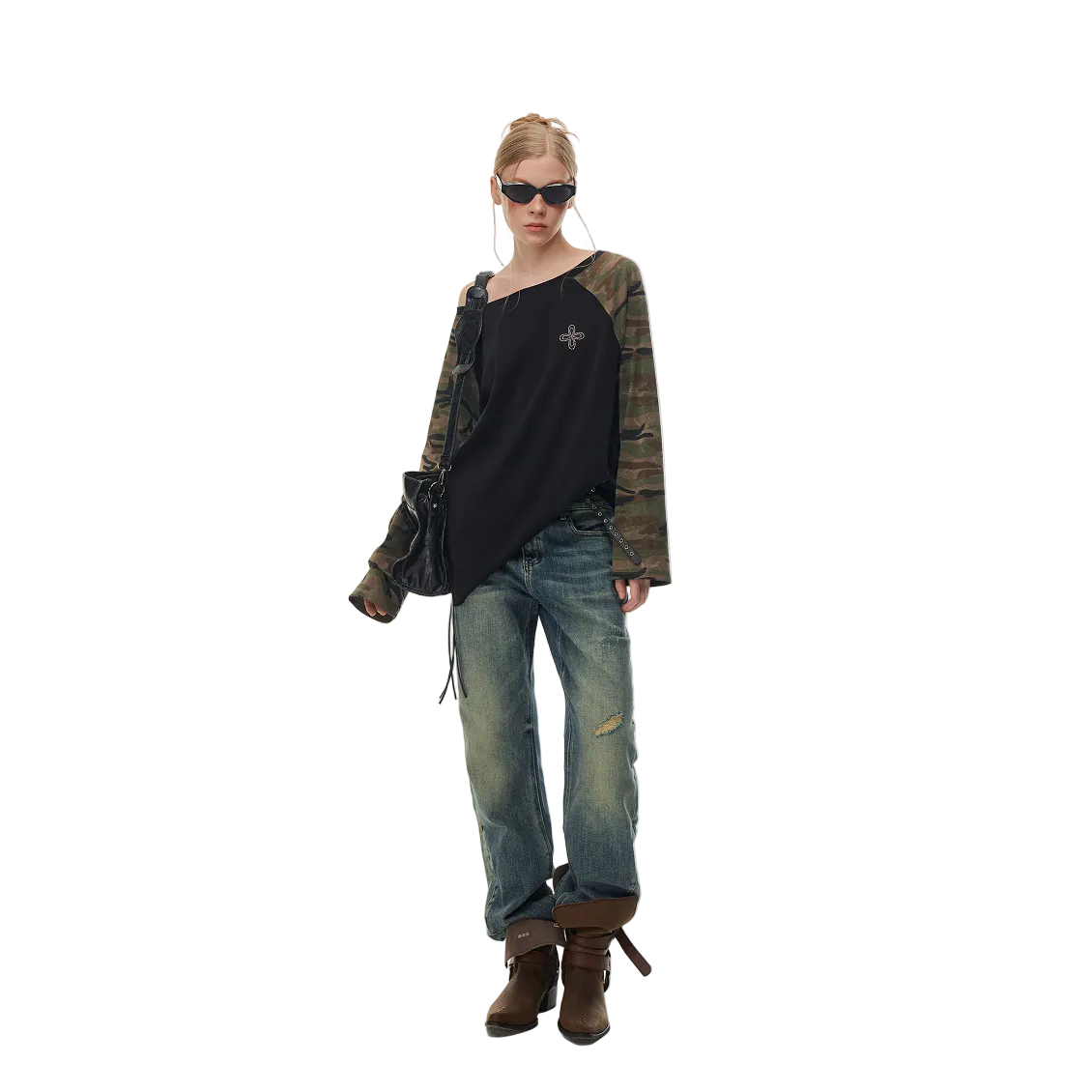 Camouflage Patchwork Rhinestone Cross Flower Off-Shoulder Long Sleeve