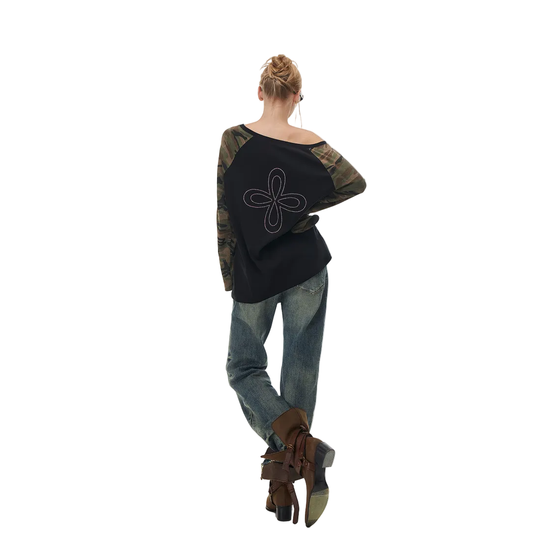Camouflage Patchwork Rhinestone Cross Flower Off-Shoulder Long Sleeve