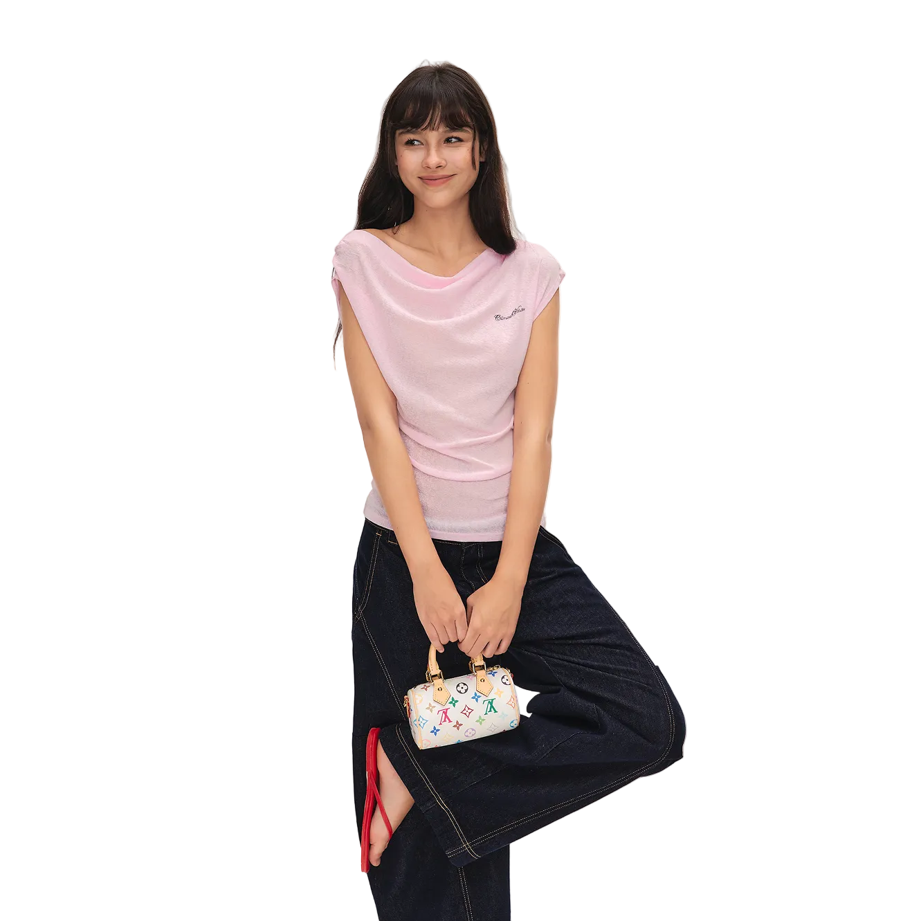 Pink Asymmetrical Duffle Collar Off-Shoulder Short-Sleeve T-Shirt