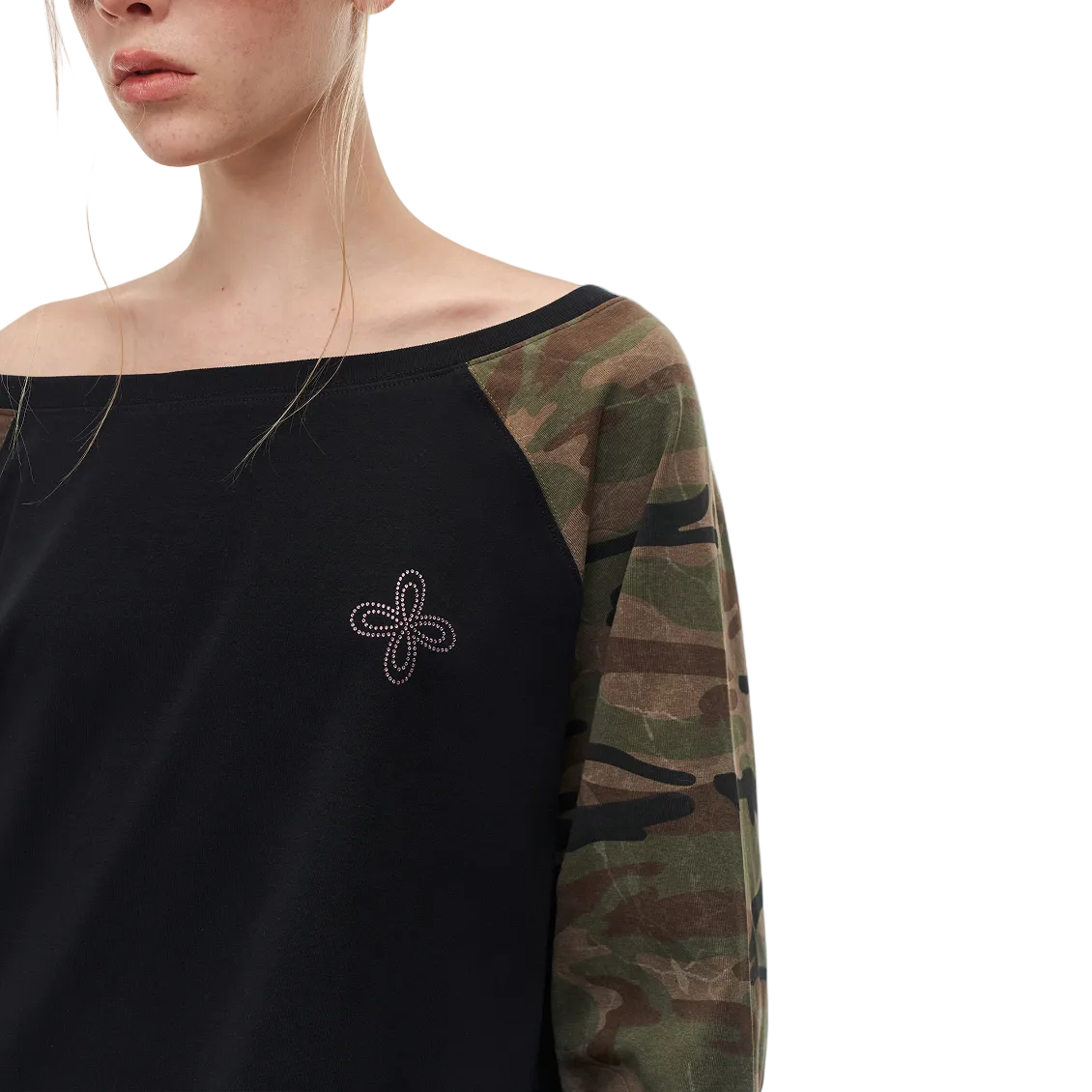 Camouflage Patchwork Rhinestone Cross Flower Off-Shoulder Long Sleeve