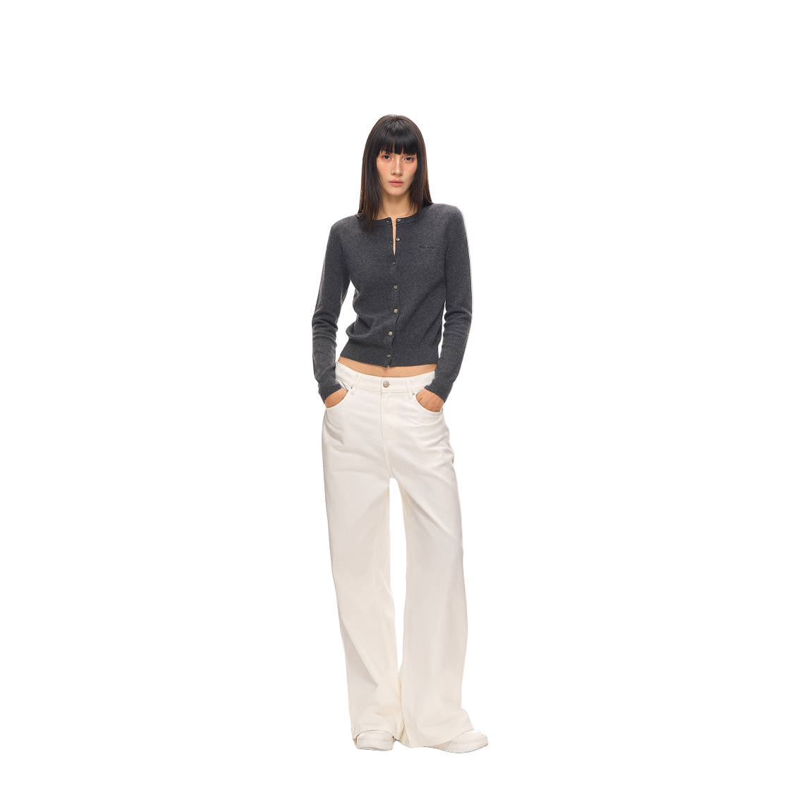 Grey Wool Crew Neck Embroidered Knit Cardigan Sweater