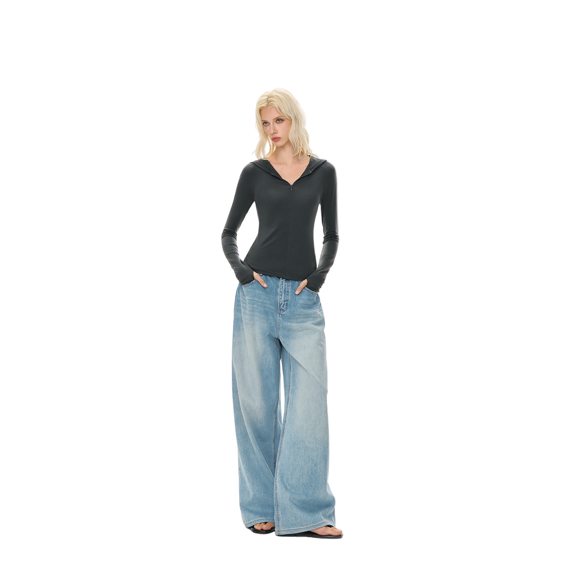 Dark Grey Tencel Hooded Zip-up Slim-fit Long Sleeves