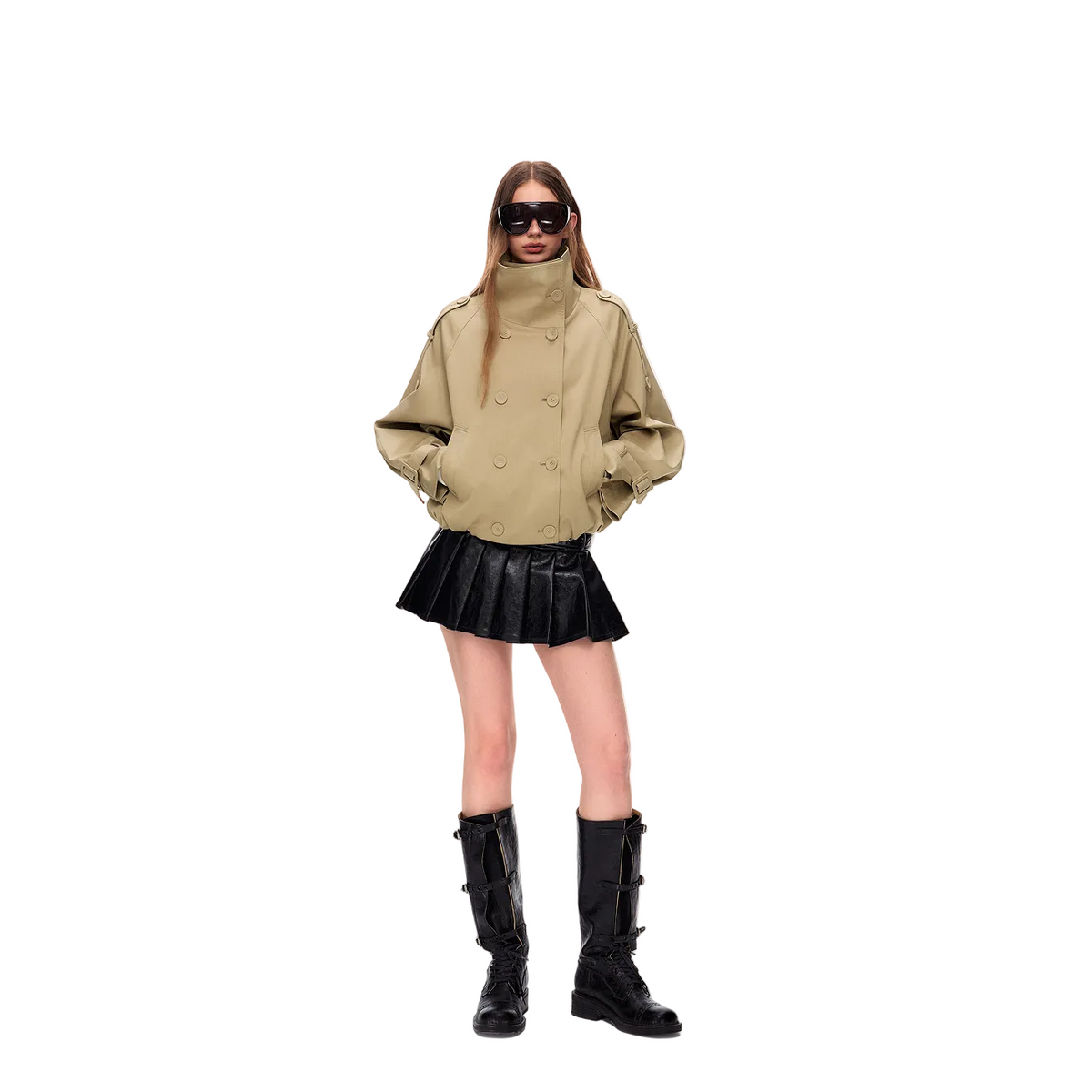 Khaki Tencel Cotton Stand Collar Double-Breasted Jacket