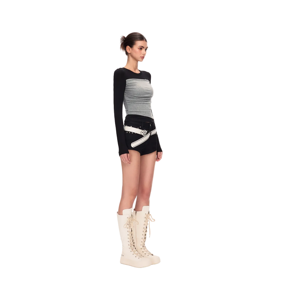 Black and Gray Color Block Tencel Faux Two-Piece Long-Sleeve T-Shirt