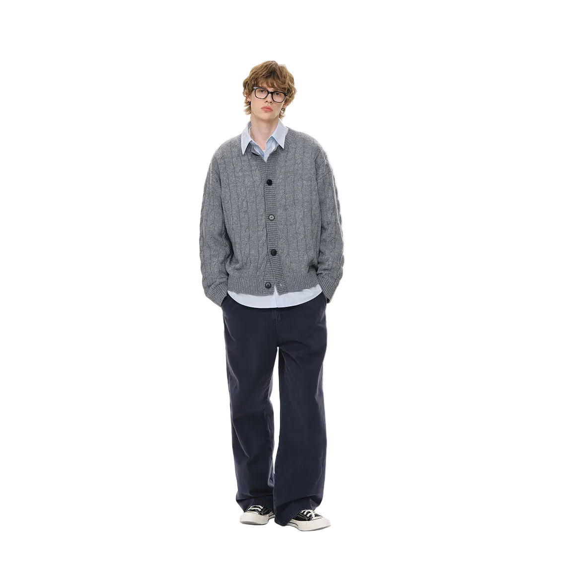 Dark Grey Lazy Style Wool Blend Cable Knit Cardigan