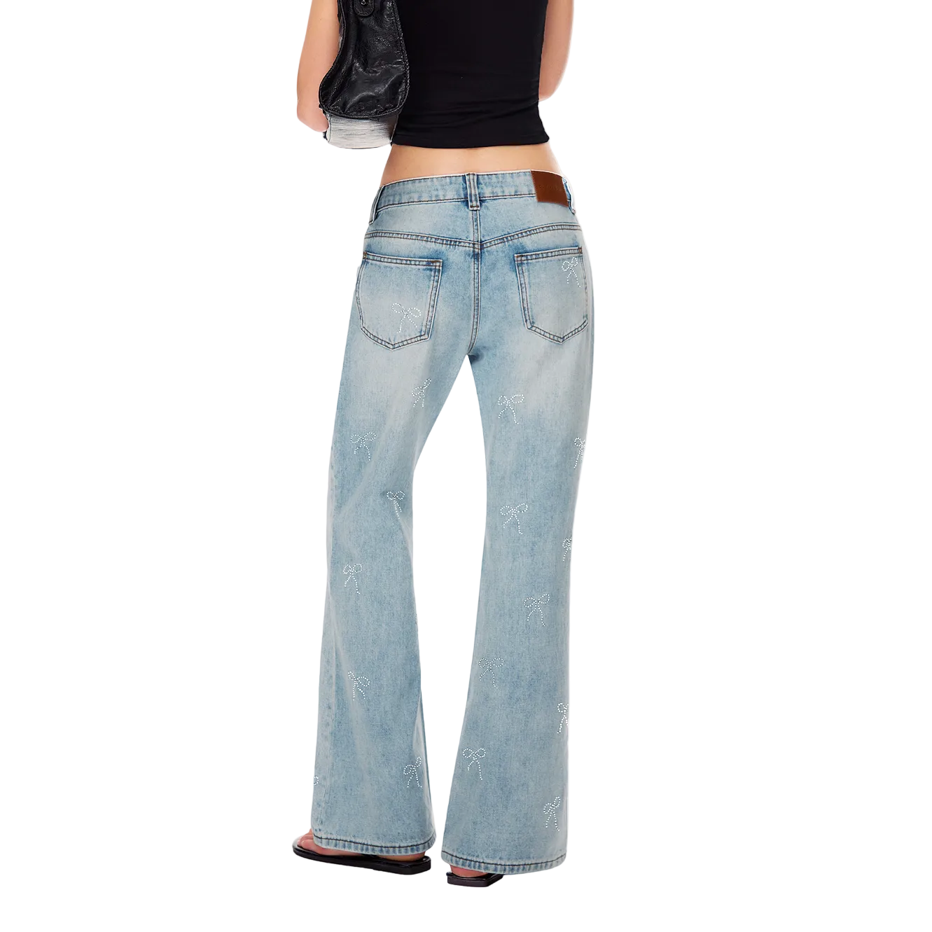 Blue Rhinestone Bow Washed Flared Jeans