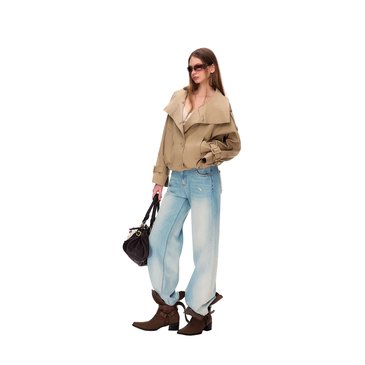 Khaki Tencel Cotton Stand Collar Double-Breasted Jacket