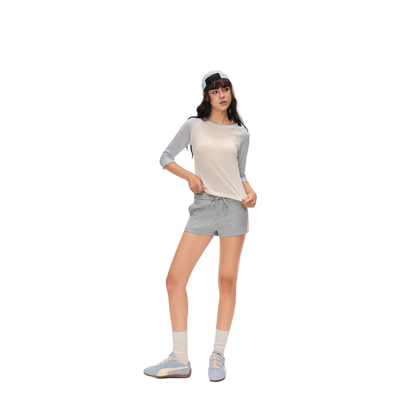 Blue Lyocell Color Block Three-Quarter Sleeve T-Shirt