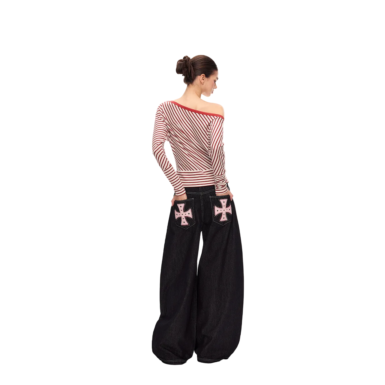 Black Cross-Studded Leather Embroidered Scimitar Jeans