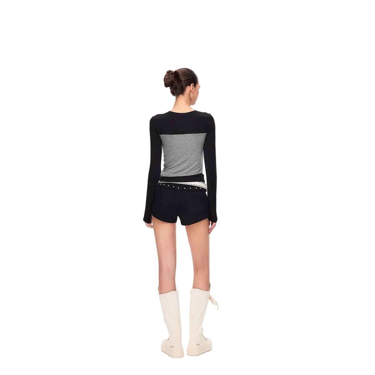 Black and Gray Color Block Tencel Faux Two-Piece Long-Sleeve T-Shirt