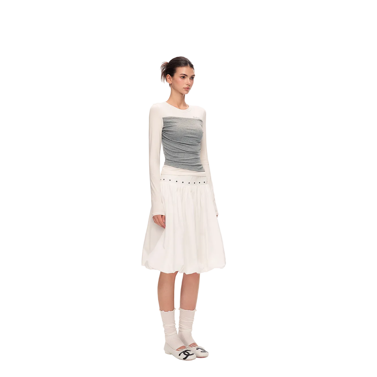 White and Gray Color Block Tencel Faux Two-Piece Long-Sleeve T-Shirt