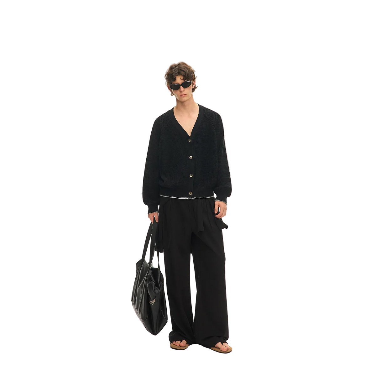 Black Color-blocked V-neck Cardigan