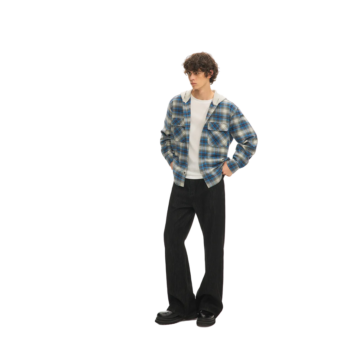 Blue Plaid Hooded Shirt Jacket
