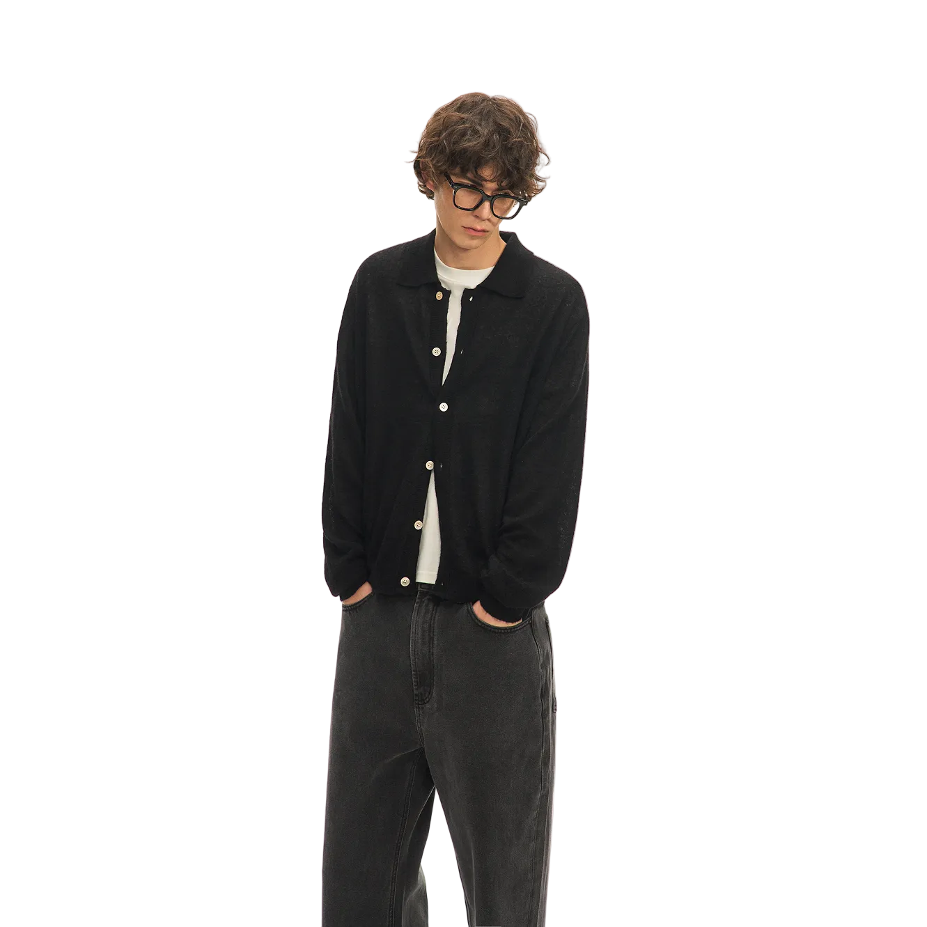 Black Wool Blend Collared Sweater