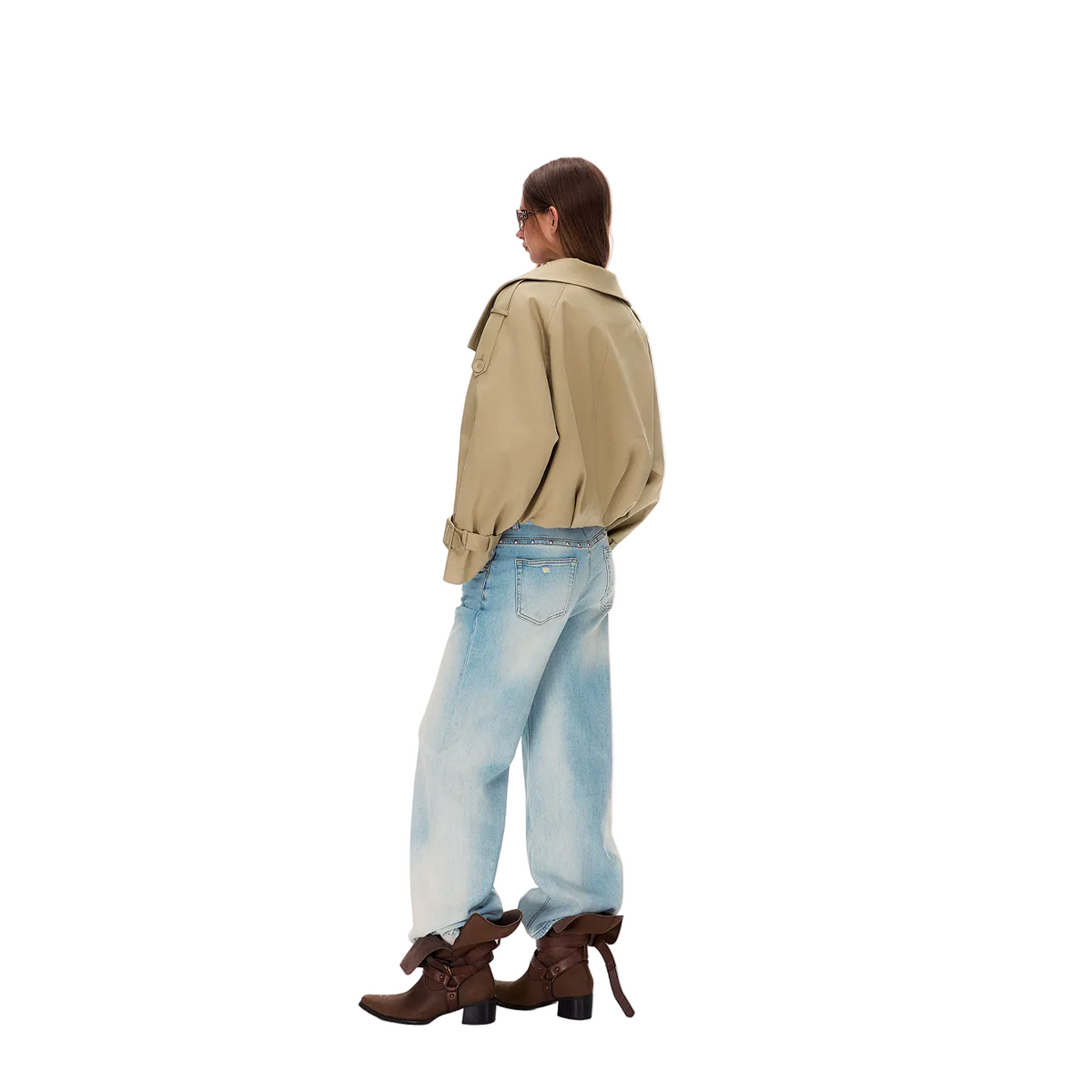 Khaki Tencel Cotton Stand Collar Double-Breasted Jacket
