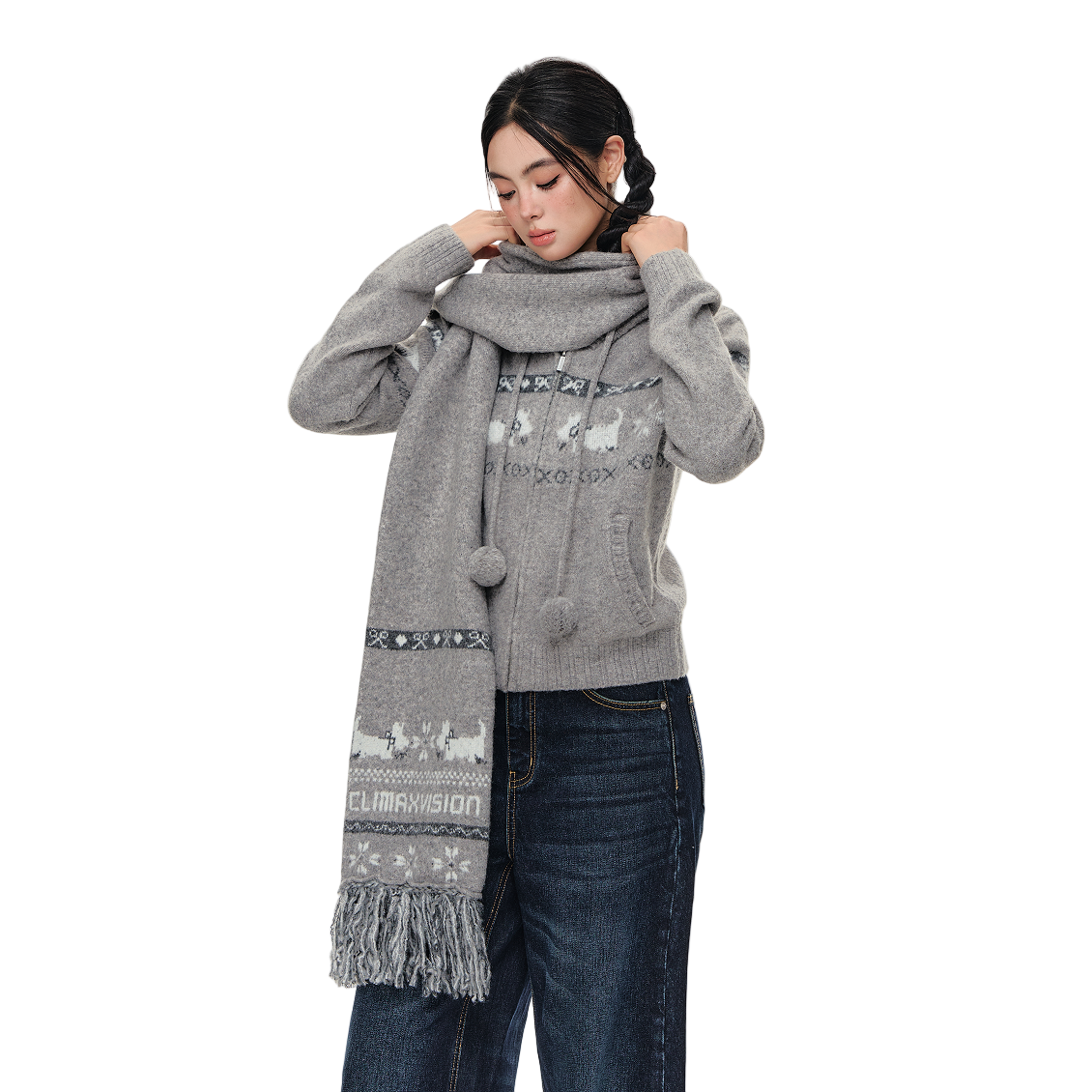 Grey Wool Blend Westie Jacquard Scarf