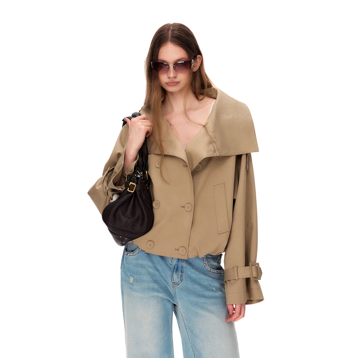Khaki Tencel Cotton Stand Collar Double-Breasted Jacket
