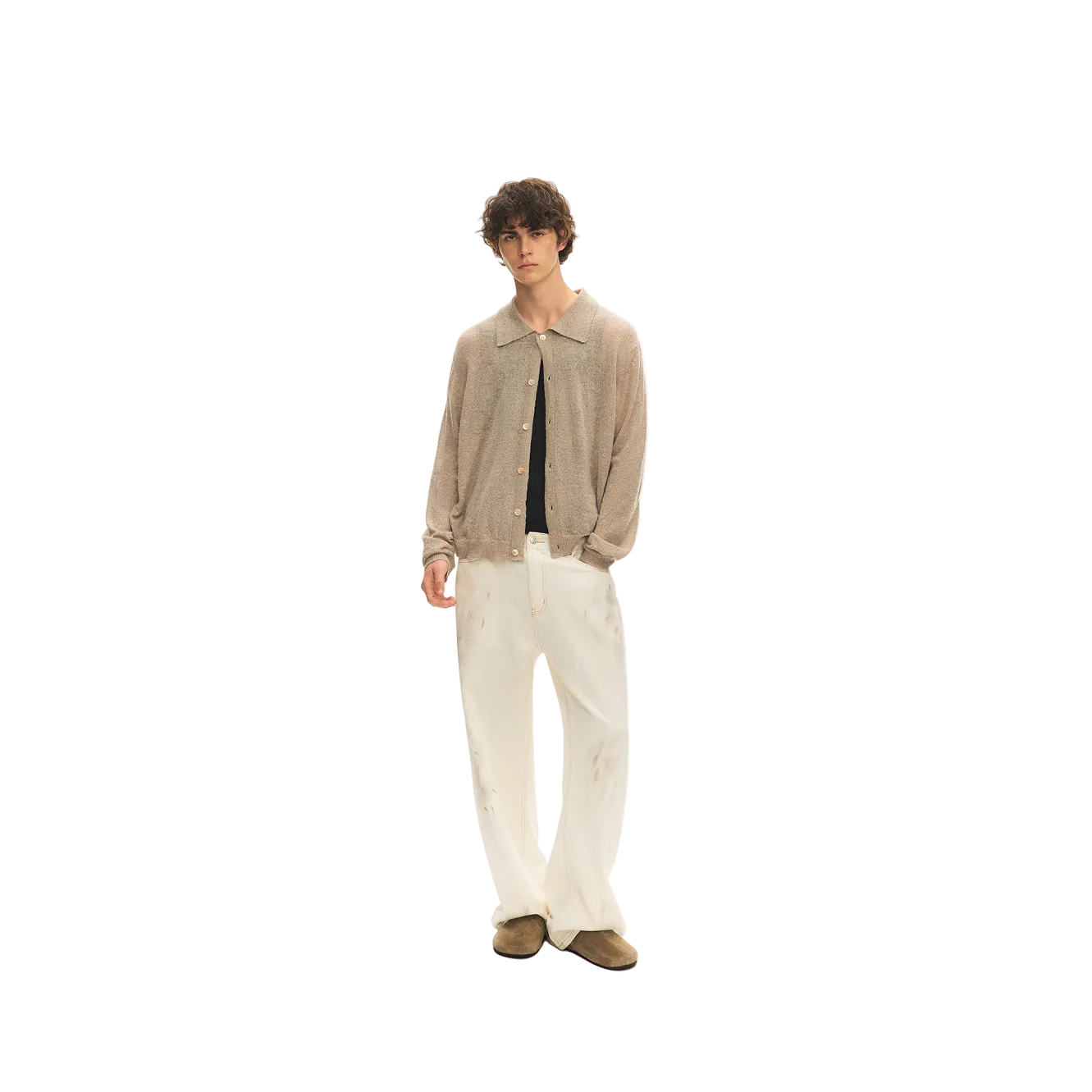 Khaki Wool Blend Collared Sweater