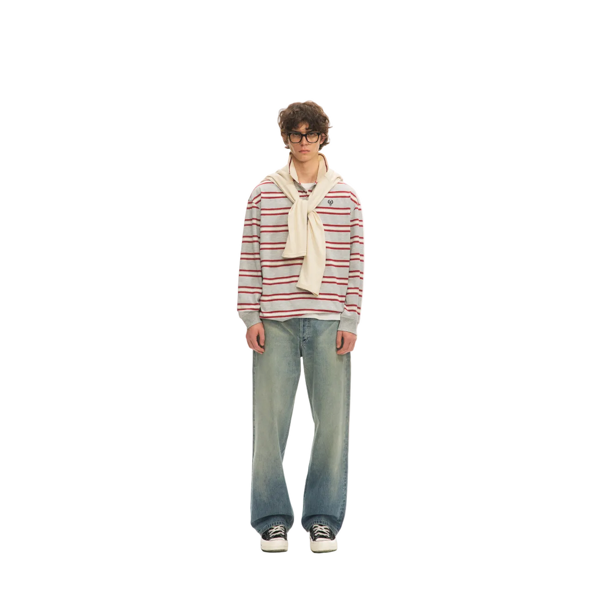Grey Color Block Striped Embroidered Polo Shirt Long Sleeve