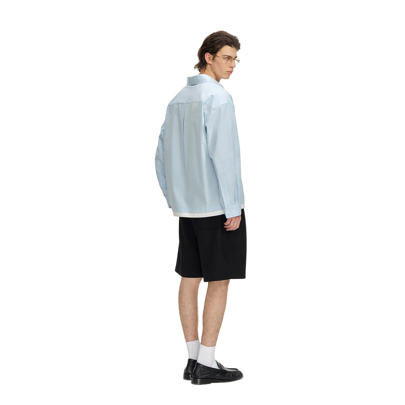 Blue and White Color-Blocked V-Neck Faux Two-Piece Shirt