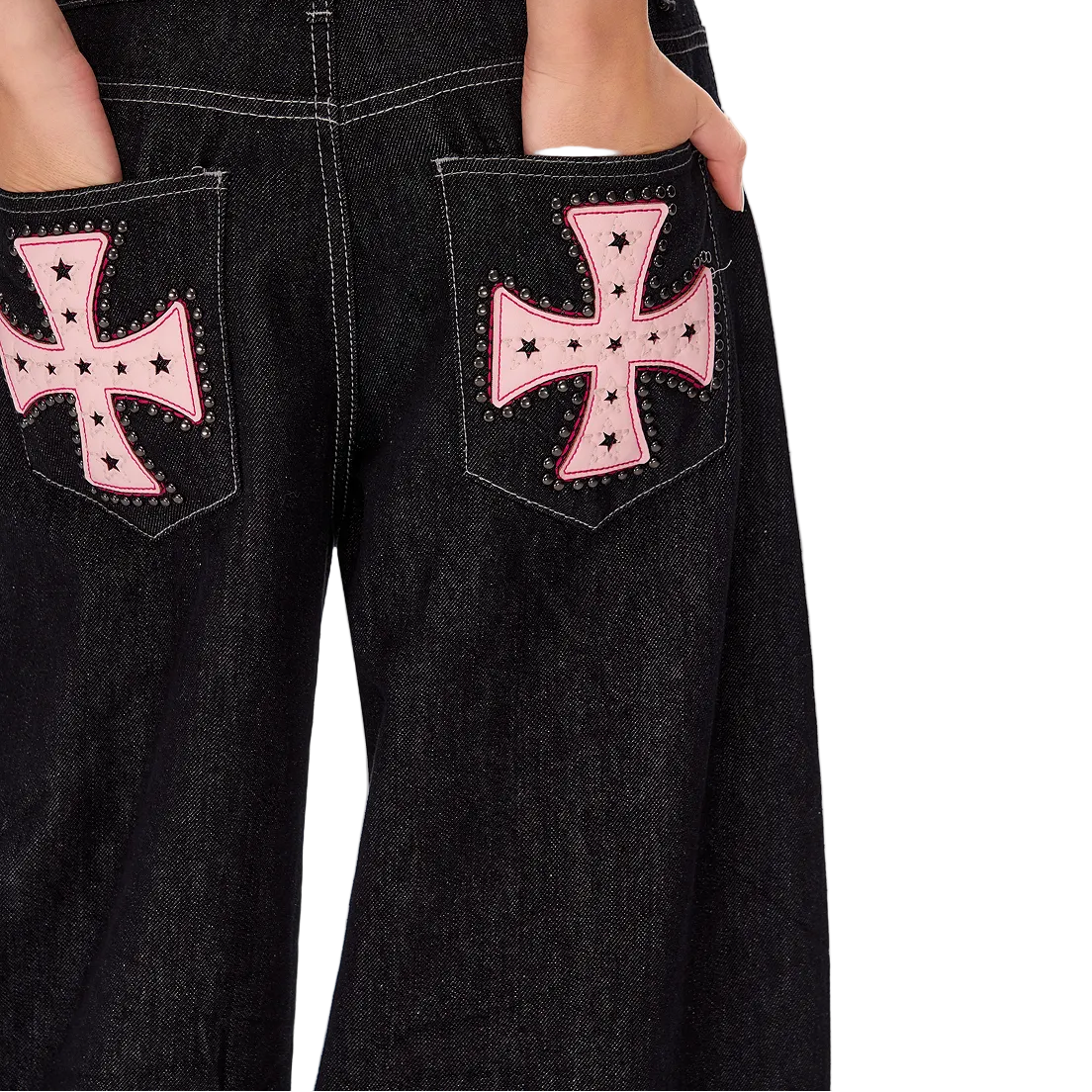 Black Cross-Studded Leather Embroidered Scimitar Jeans