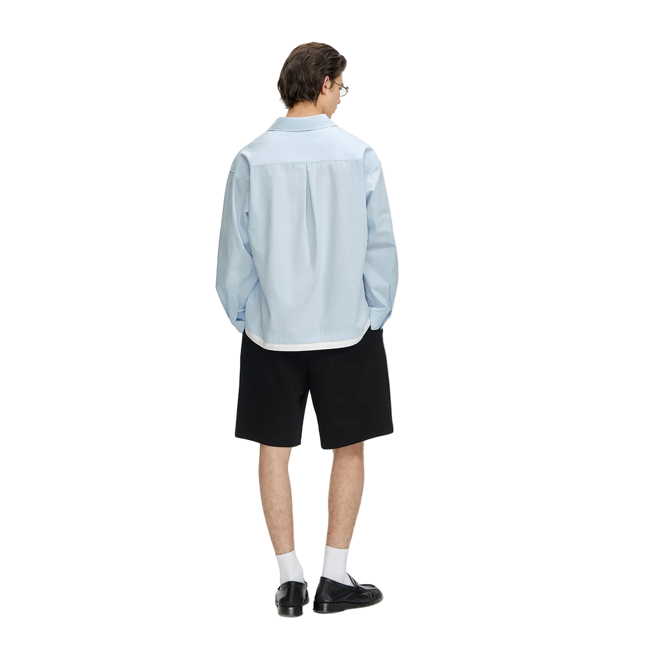 Blue and White Color-Blocked V-Neck Faux Two-Piece Shirt
