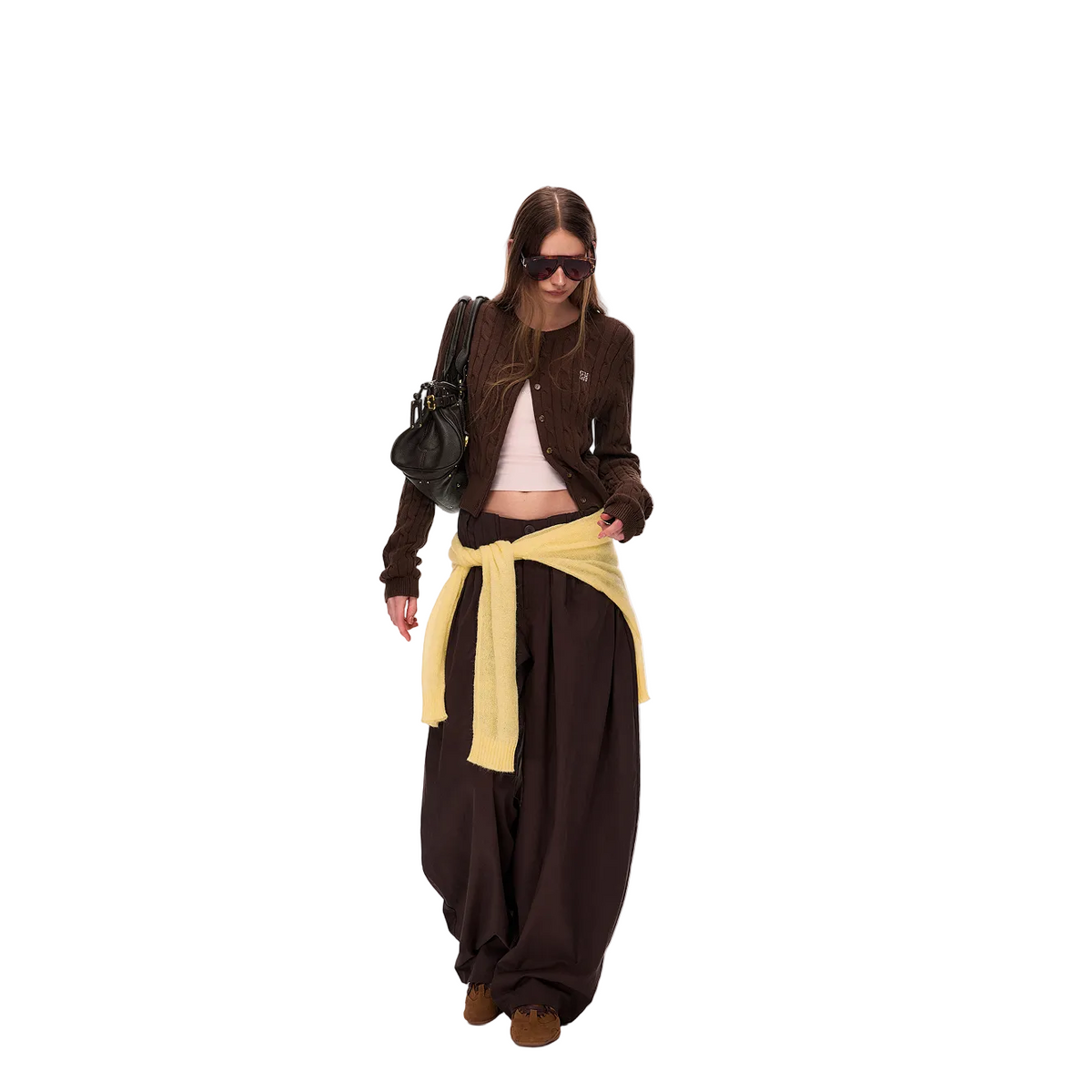 Brown 3D Cable Knit Linen Cardigan
