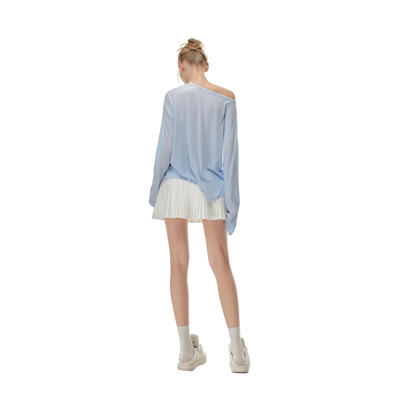 Blue Cross Flower Ruffled Off-Shoulder Long Sleeve