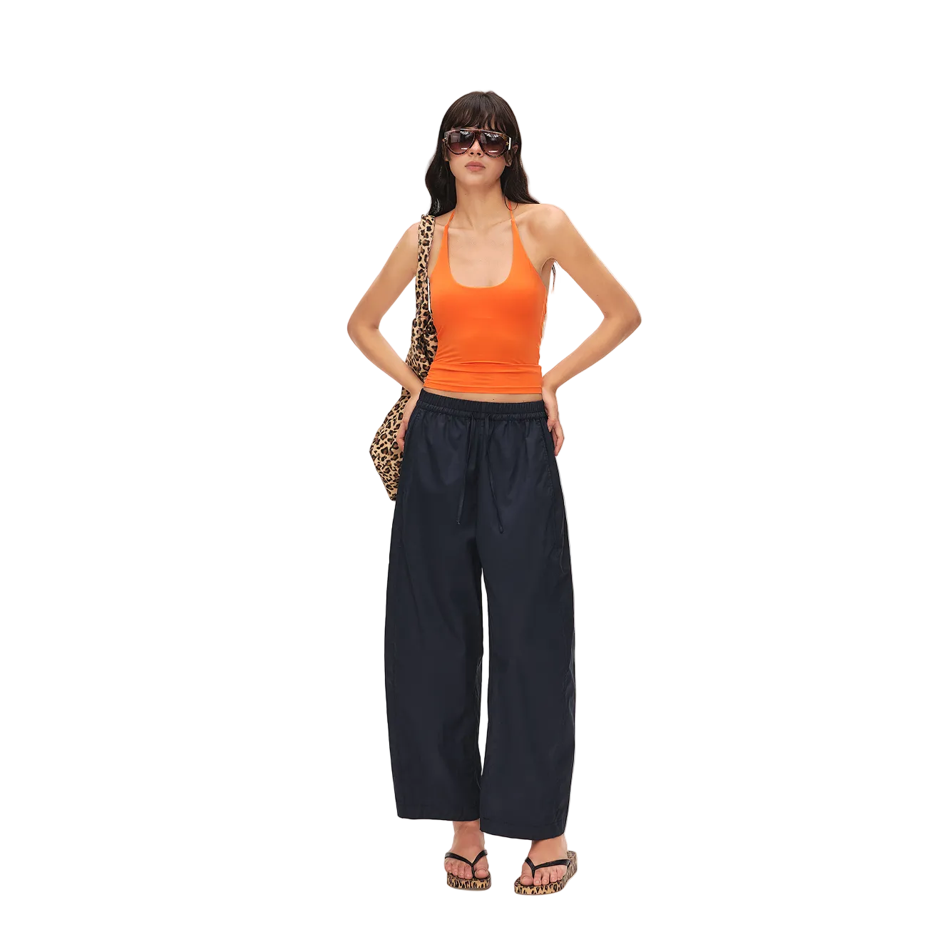 Navy Lightweight Cocoon-Shaped Cropped Pants