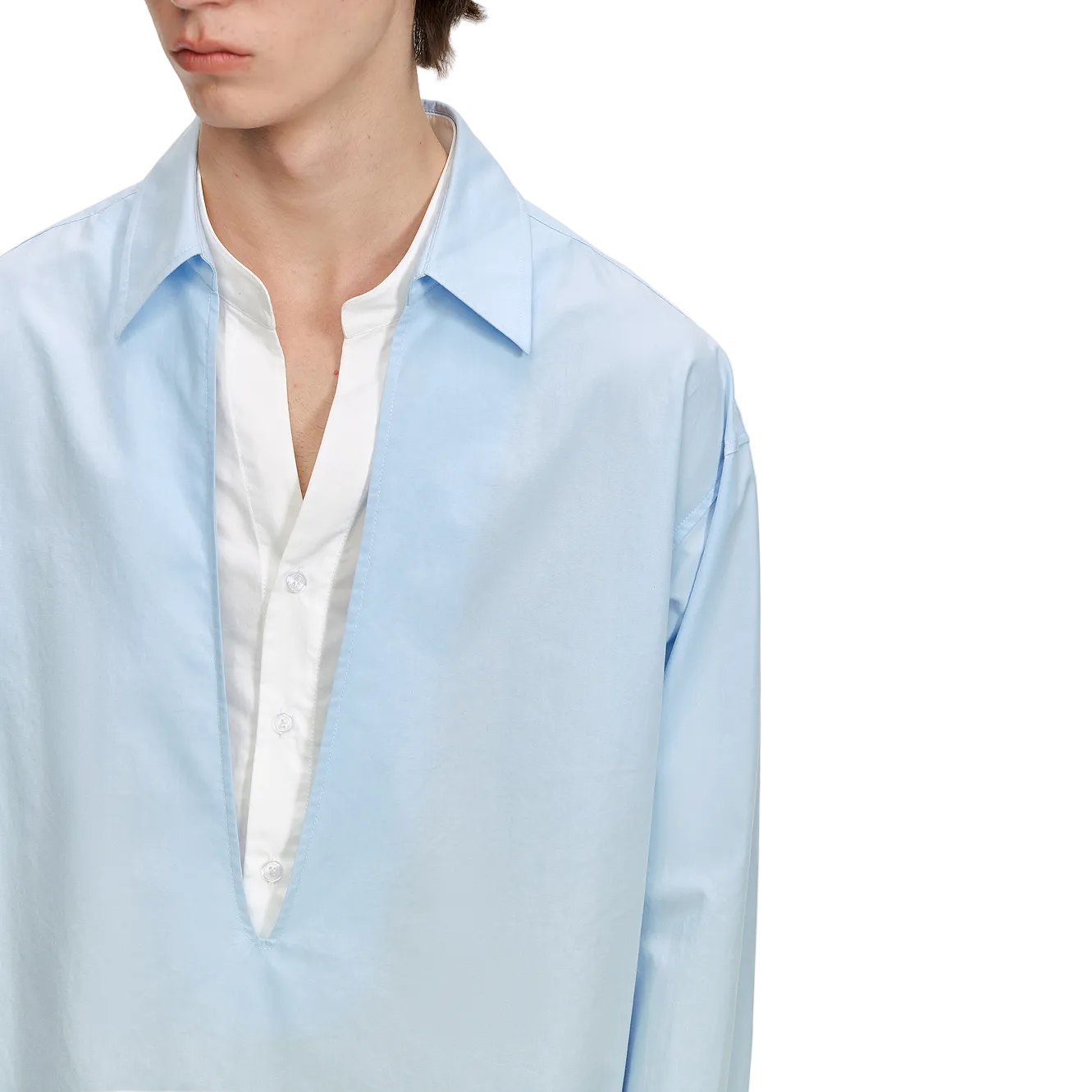 Blue and White Color-Blocked V-Neck Faux Two-Piece Shirt