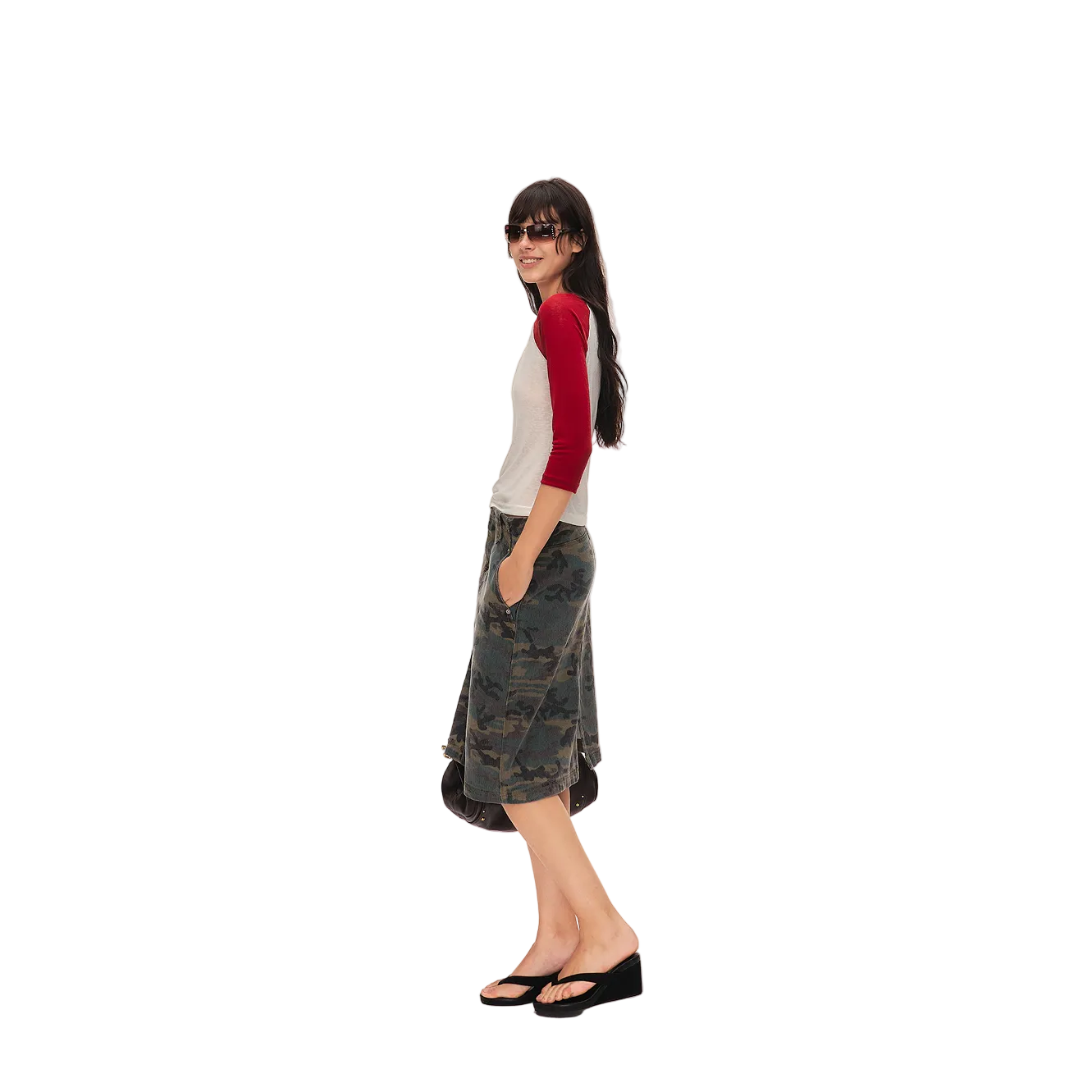 Red Lyocell Color Block Three-Quarter Sleeve T-Shirt