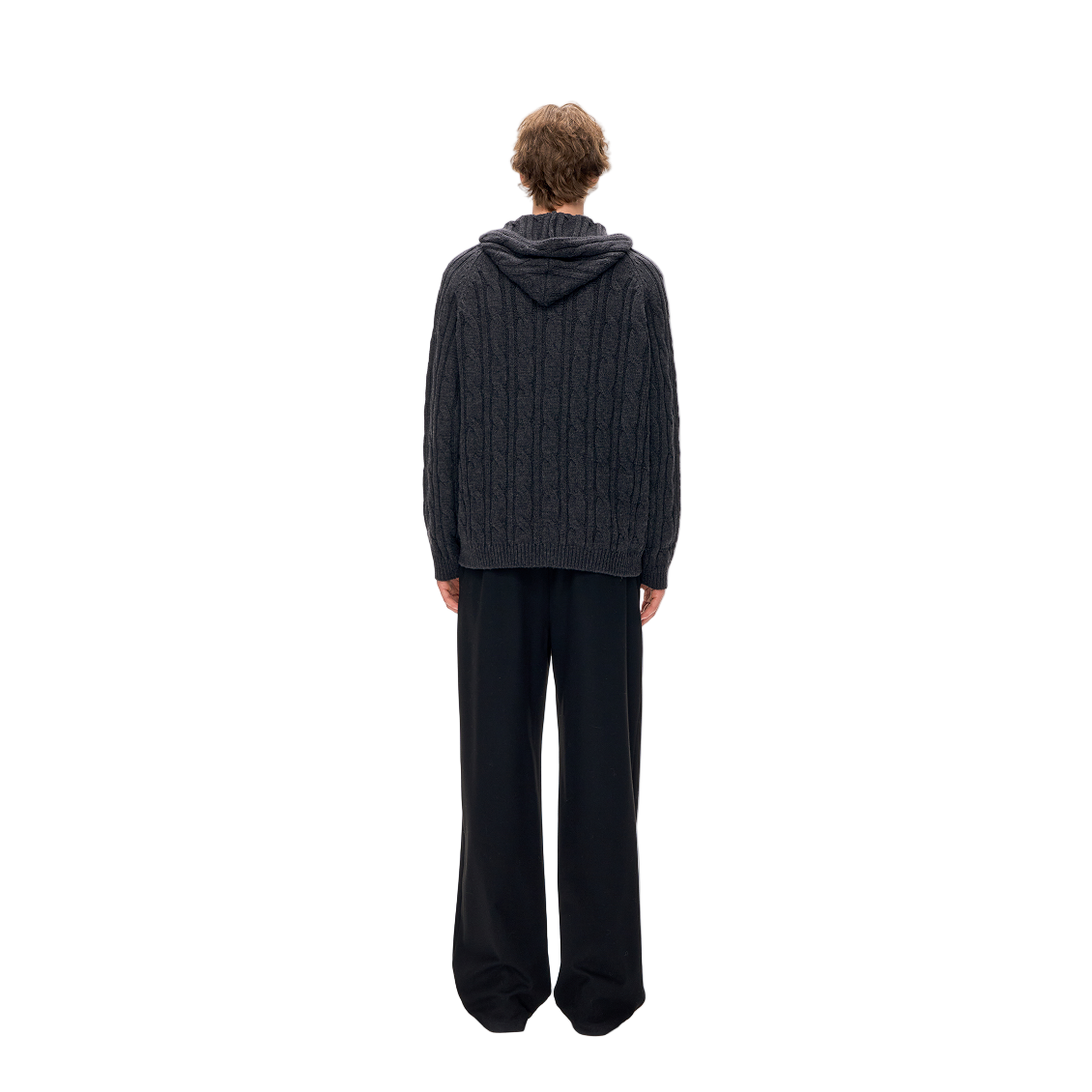 Wool Blend Cable Hooded Zip-Up Cardigan In Black