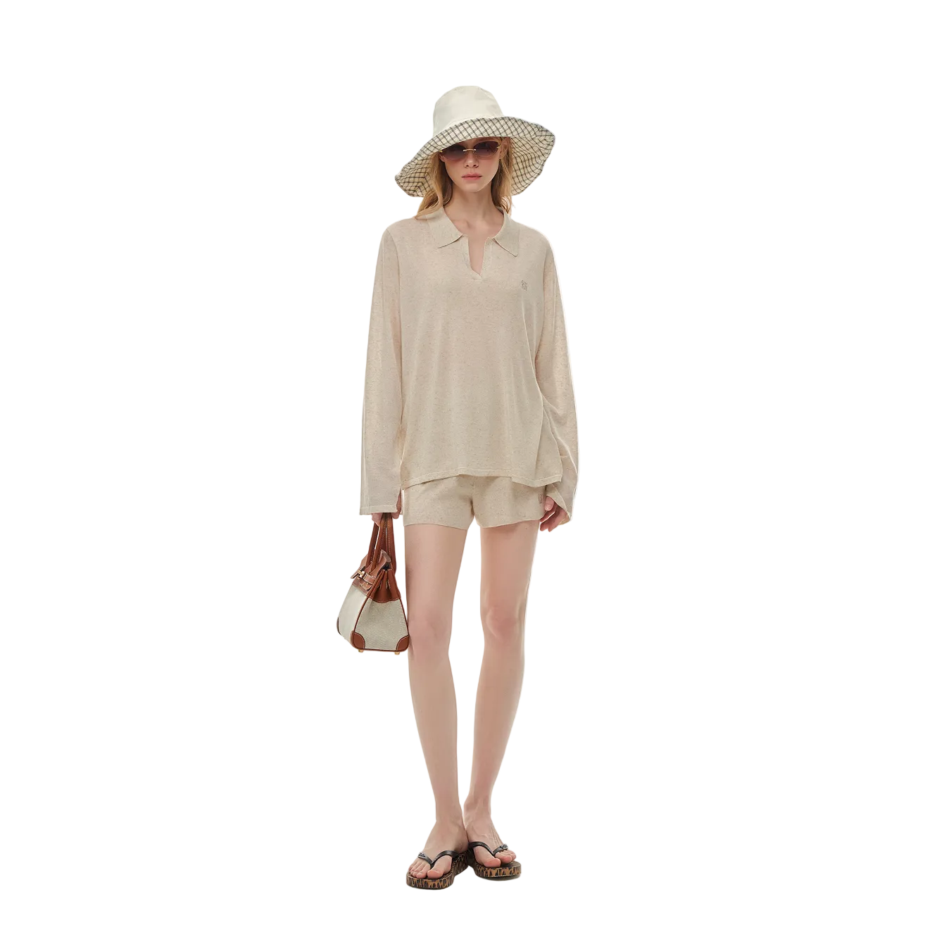 Oatmeal-colored Tencel Linen Cool Polo Long Sleeve