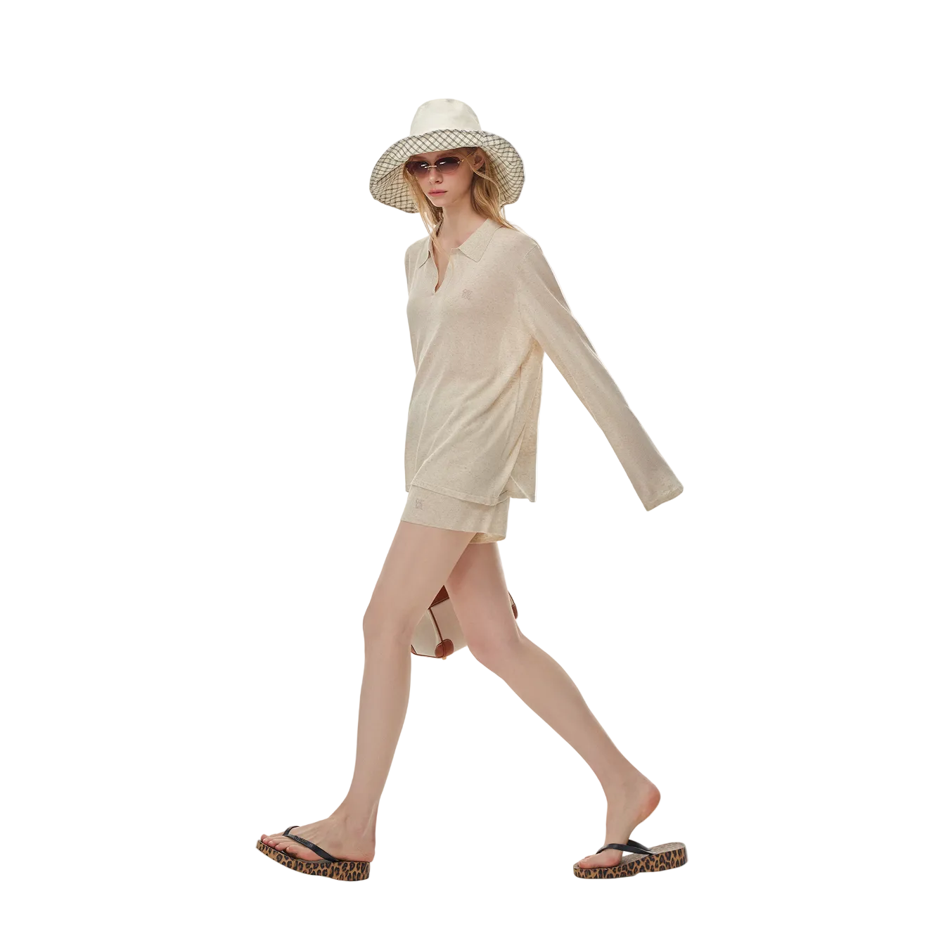 Oatmeal-colored Tencel Linen Cool Polo Long Sleeve