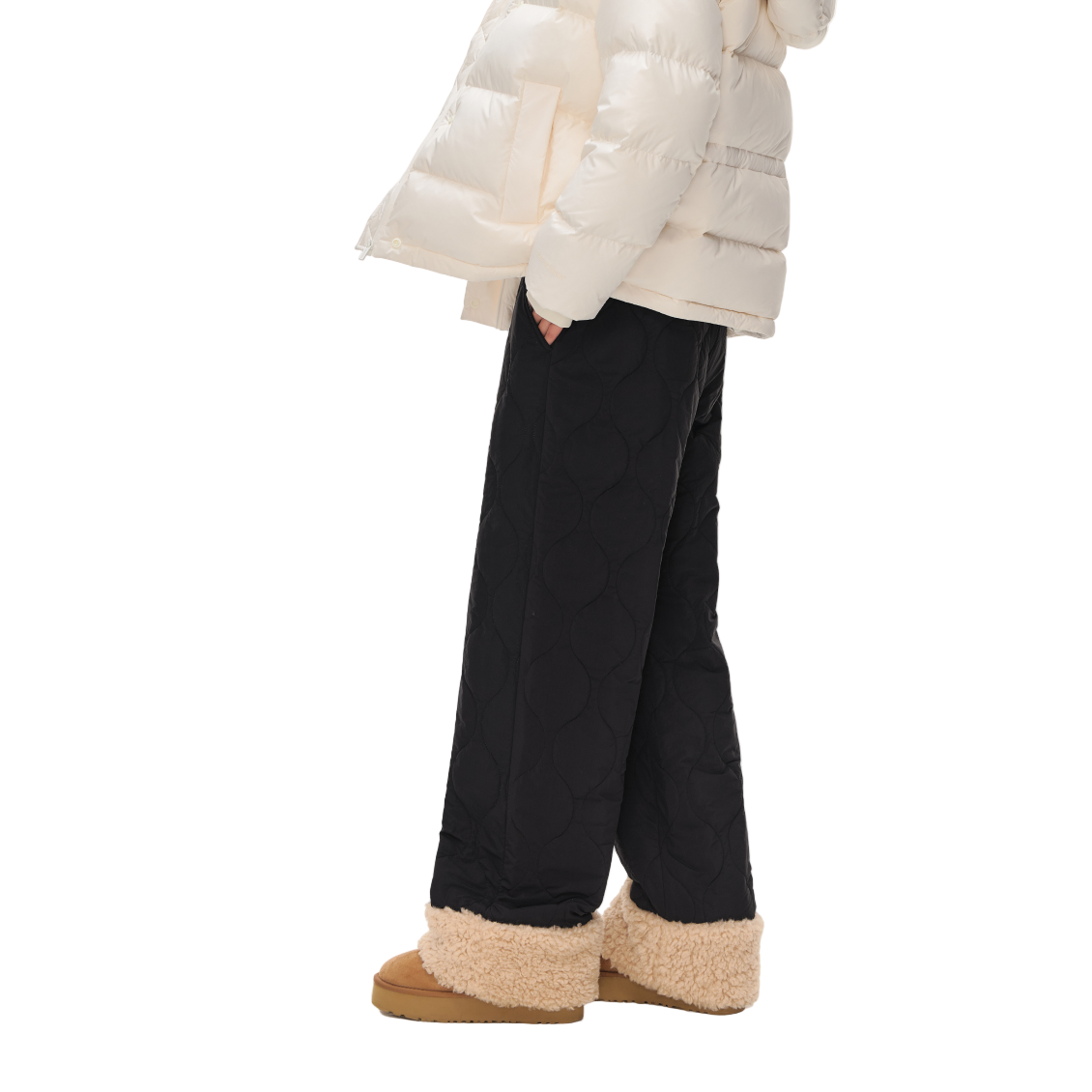 Black Fleece Patchwork Gourd-Pattern Lined Thickened Thermal Pants