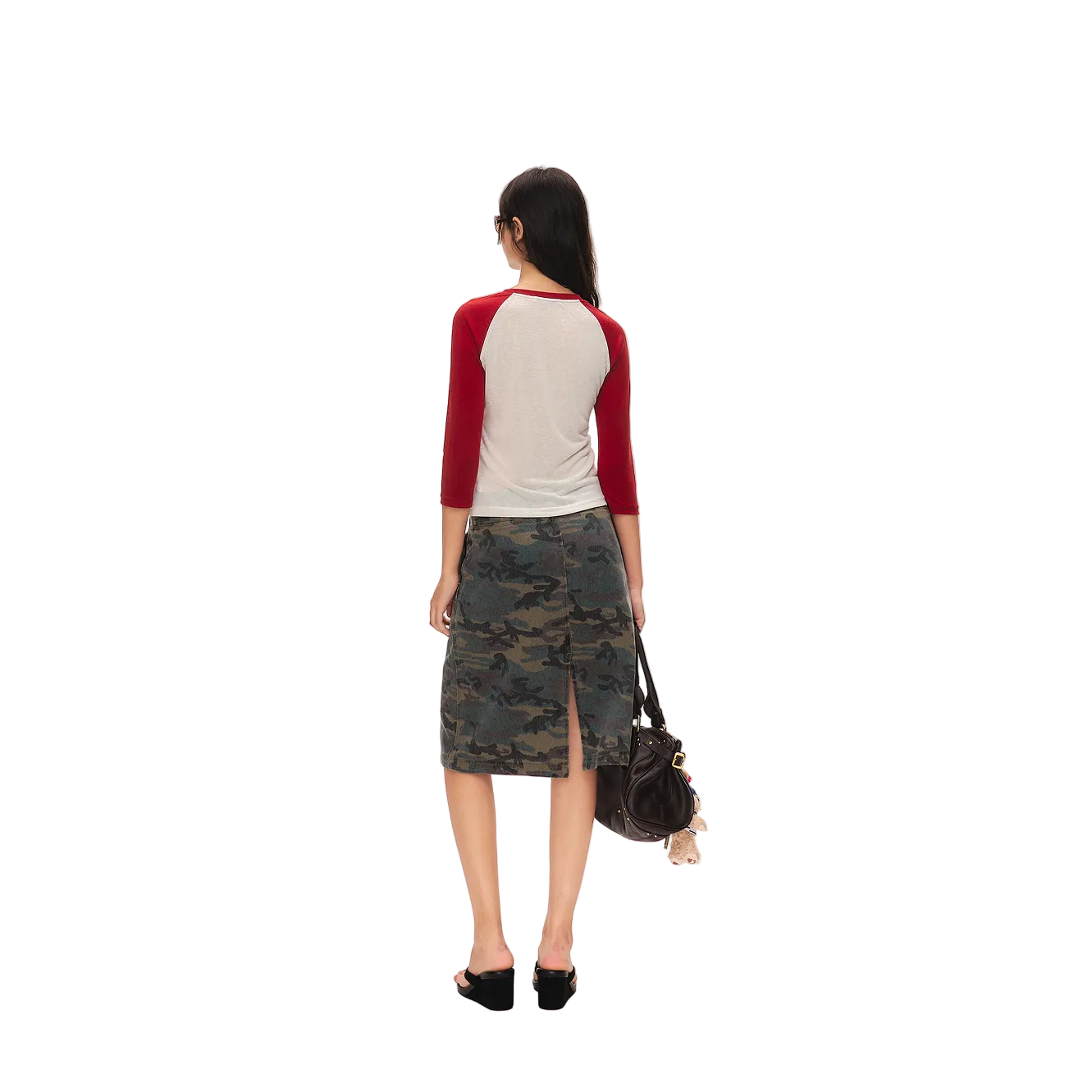 Red Lyocell Color Block Three-Quarter Sleeve T-Shirt