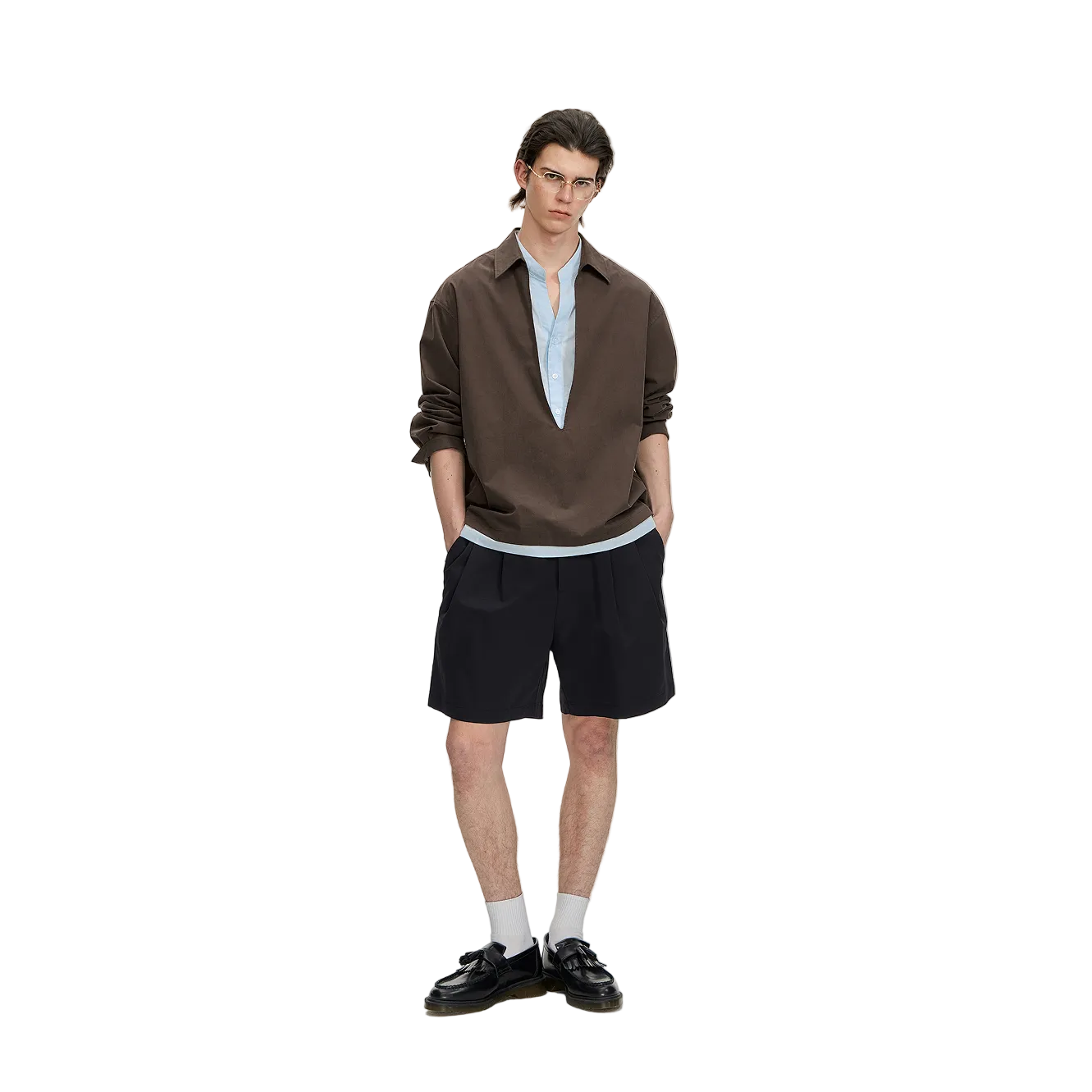 Brown and Blue Color-Blocked V-Neck Faux Two-Piece Shirt