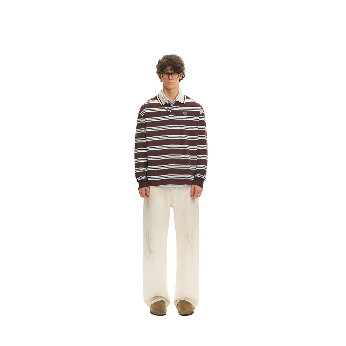 Burgundy Color-Blocked Striped Embroidered Polo Shirt Long Sleeve