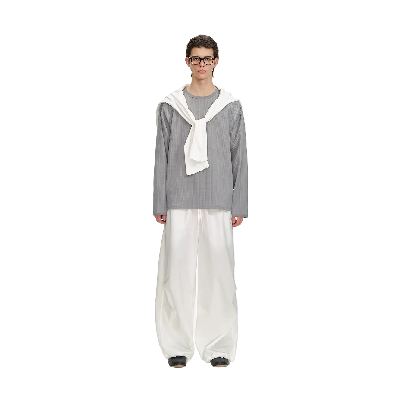 Grey Waffle Knit Quick-Drying Long-Sleeve T-Shirt