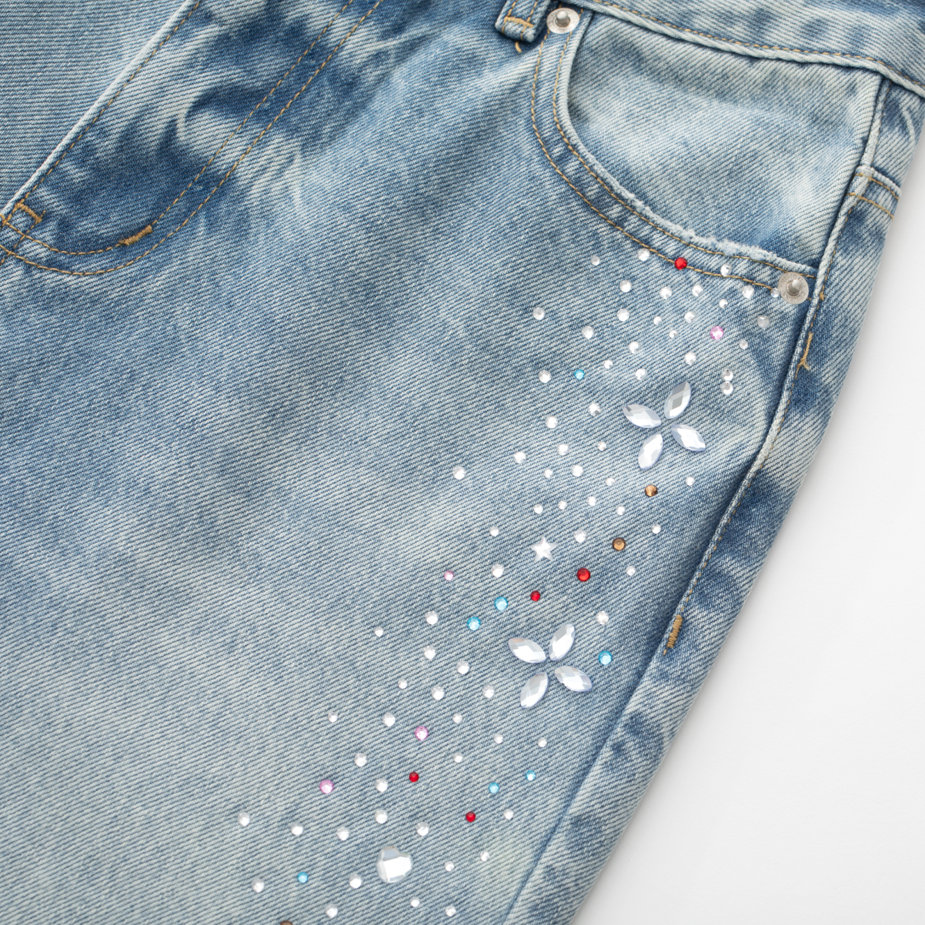 Blue Cross Rhinestone Washed Straight Leg Jeans