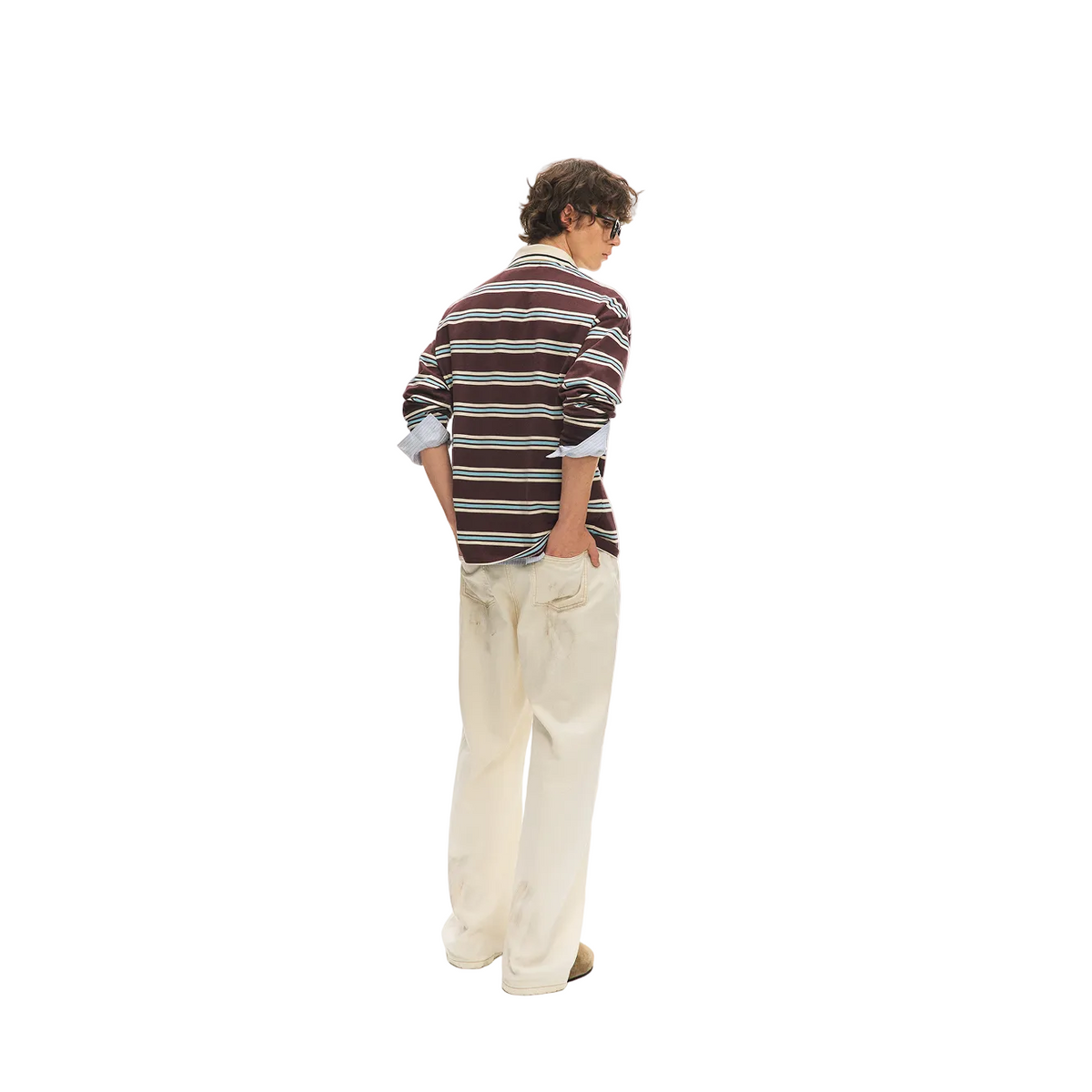 Burgundy Color-Blocked Striped Embroidered Polo Shirt Long Sleeve